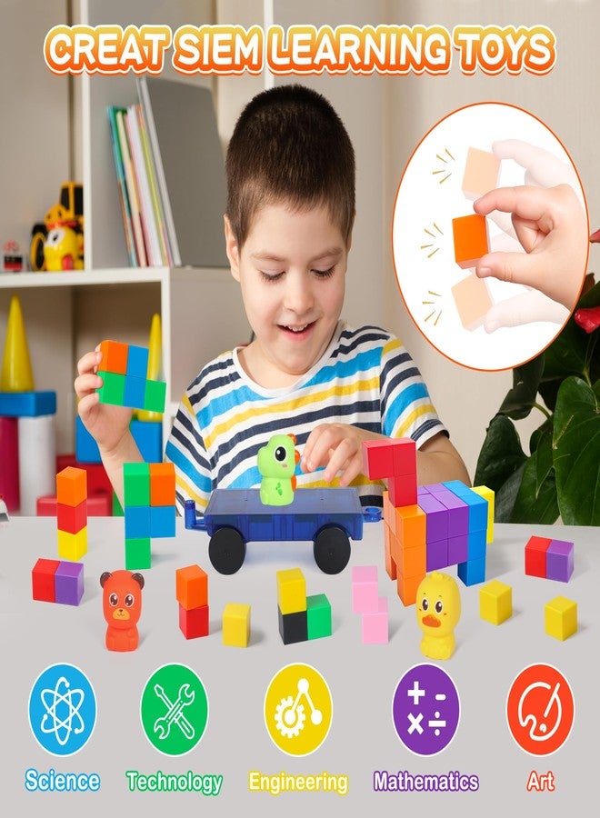 LONEEDY 60-Pack Magnetic Building Block Set with Animal Figures & Magnetic Cart - Magnet Constructions Cubes Educational STEM Toy for Kids 3-8 Years (Color Mixing-60PCS) - Image 5